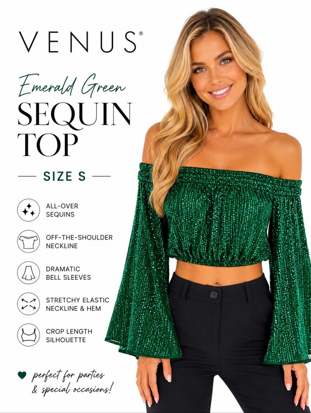 NWT Venus Emerald Green Sequin Off-Shoulder Party Crop Top | Size S